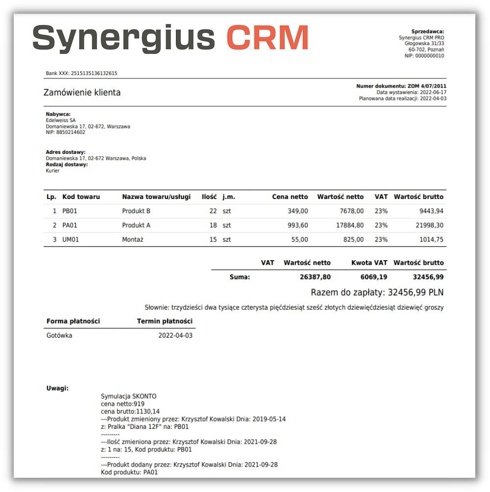 Zarządzanie zamówieniami w CRM - przykład dokumnetu zamówienia