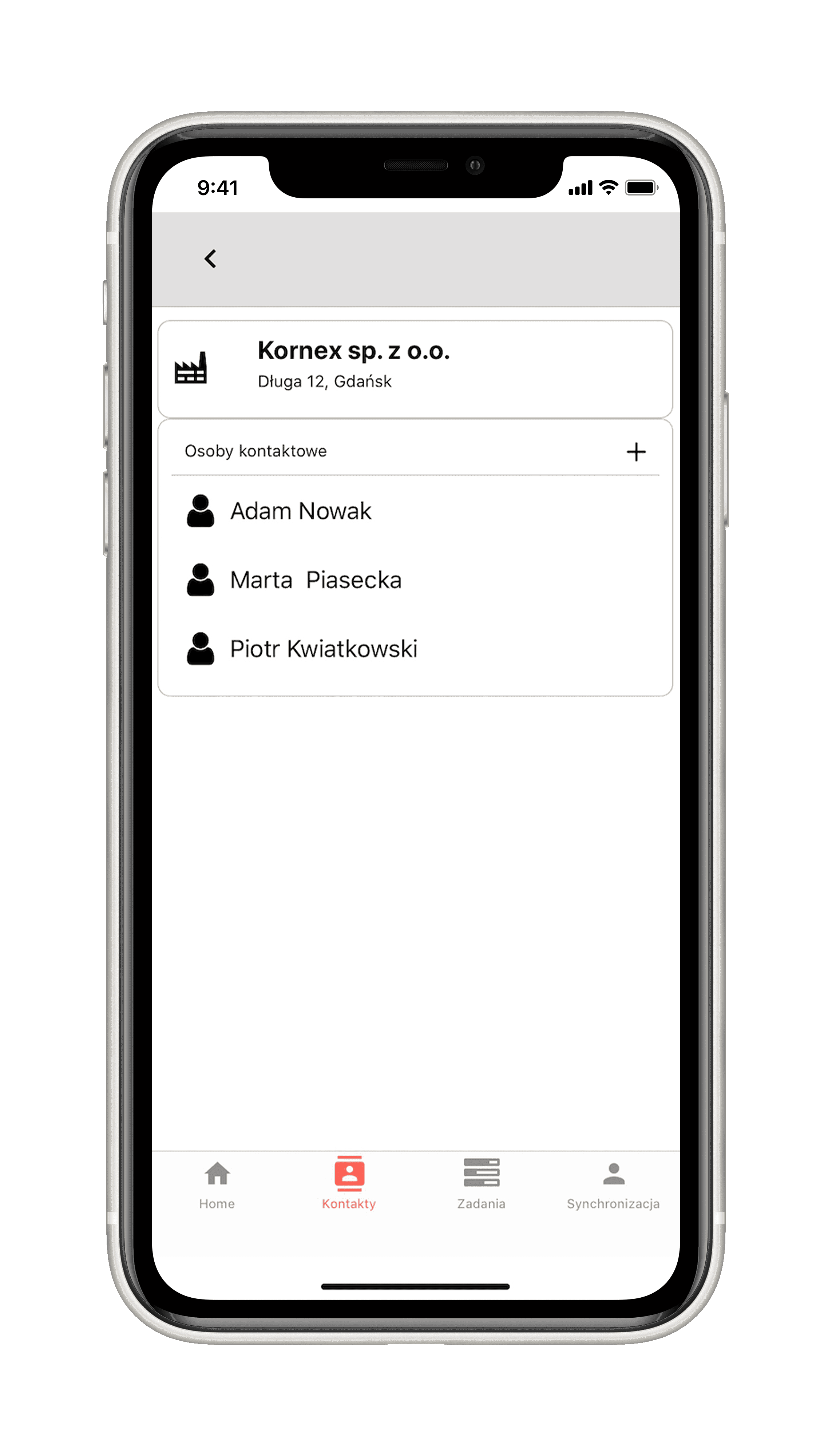 Aplikacja CRM dla handlowca mobilnego - kontakty klientów
