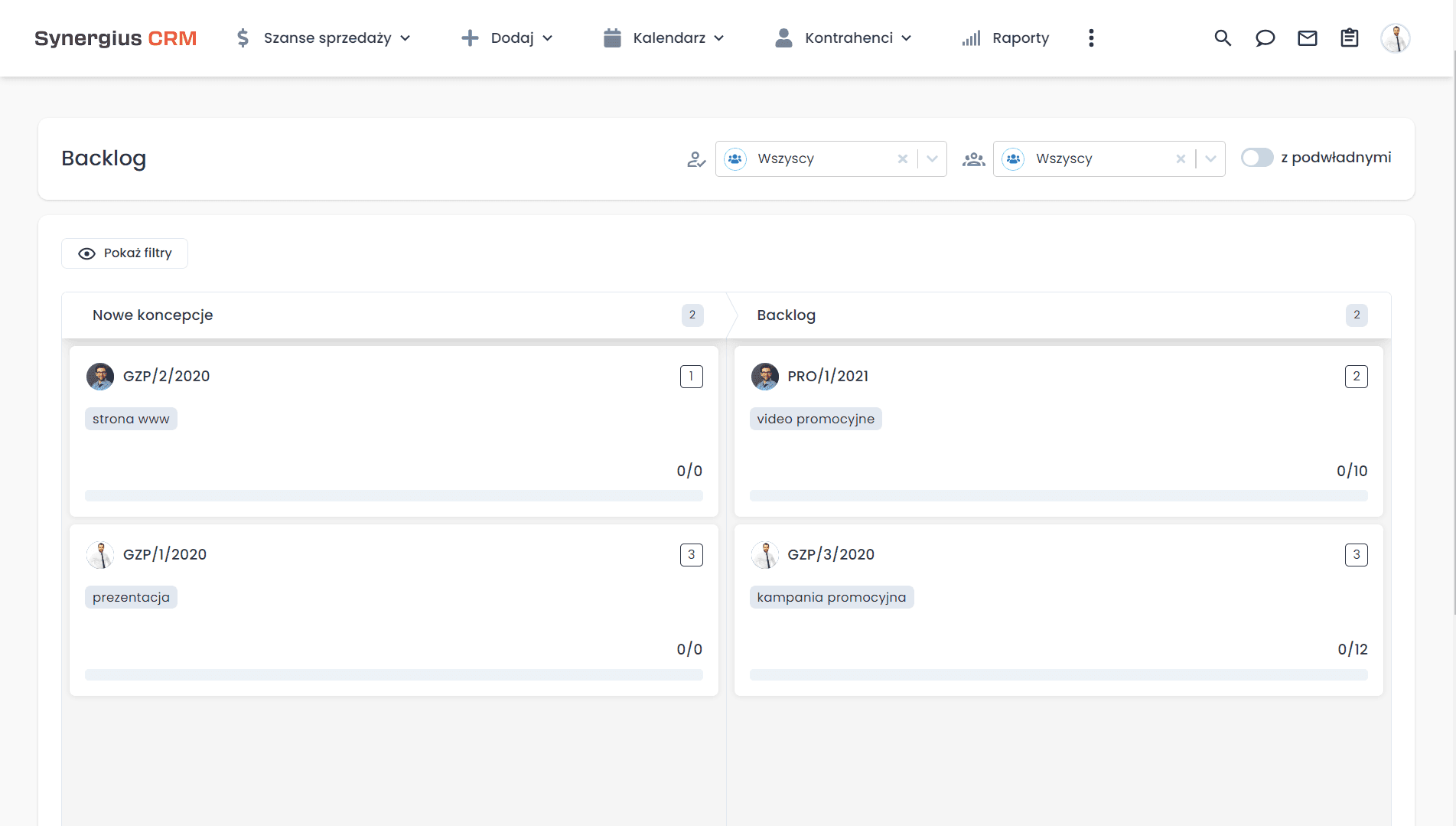 Backlog pomysłów marketingu jako etap na widoku kanban w CRM