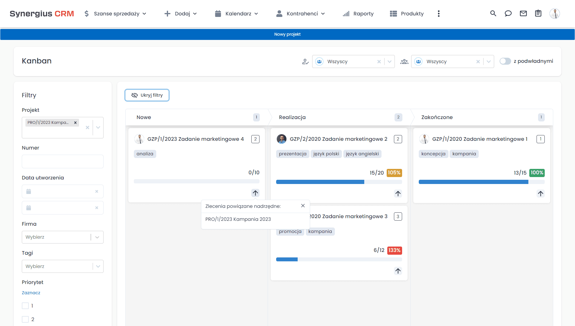 Widok kanban w systemie CRM dla marketingu