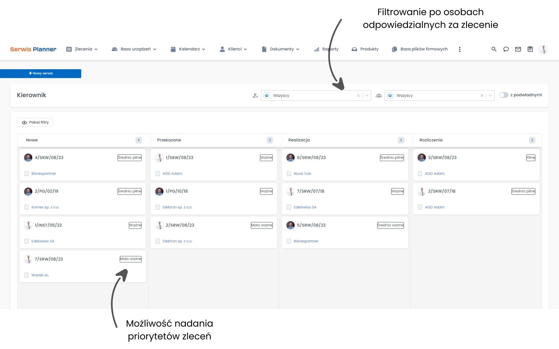 Moduł CRM połączony z serwisem - kanban zleceń