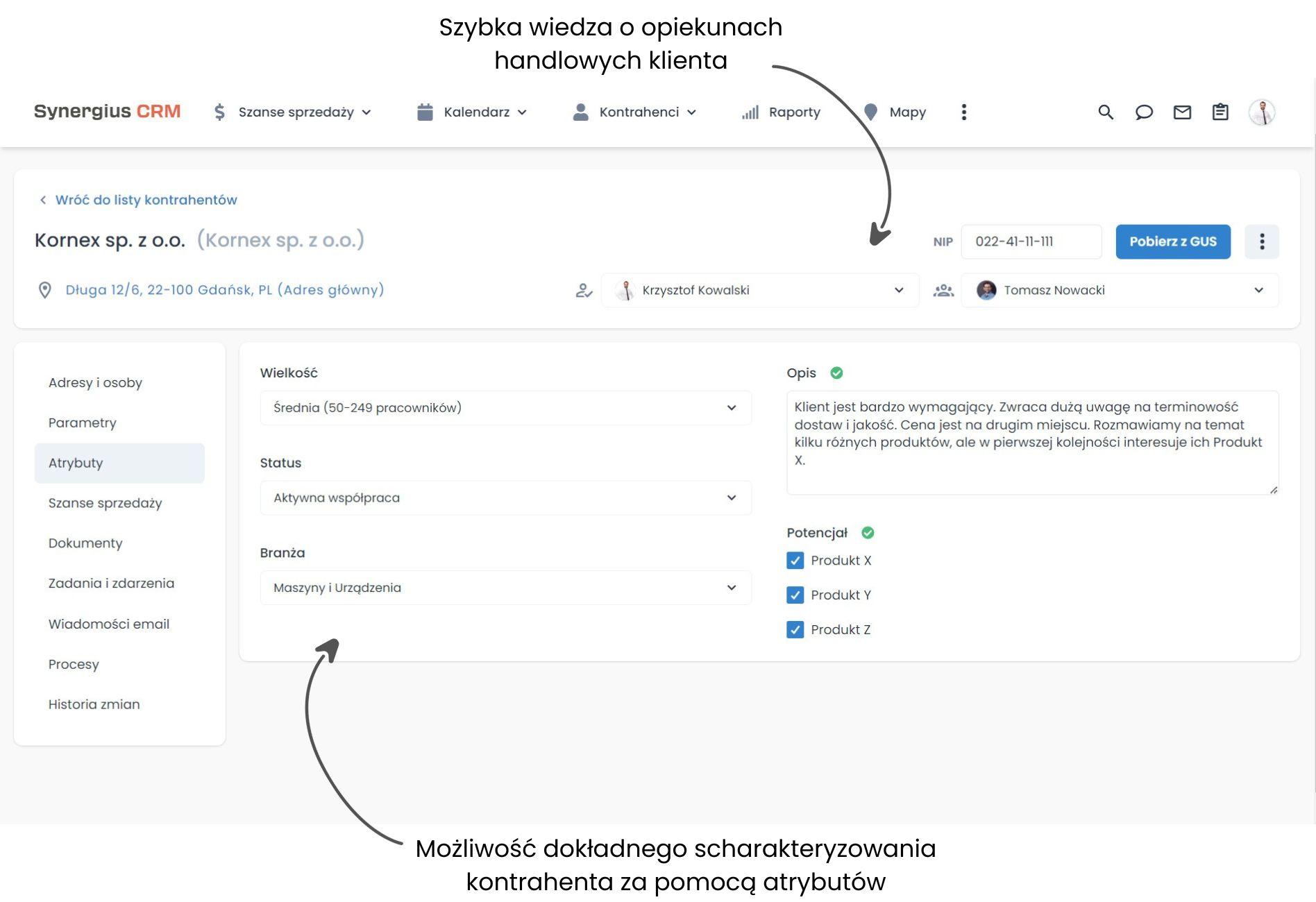 Zakładka Atrybuty wiedza o kontrahentach program CRM