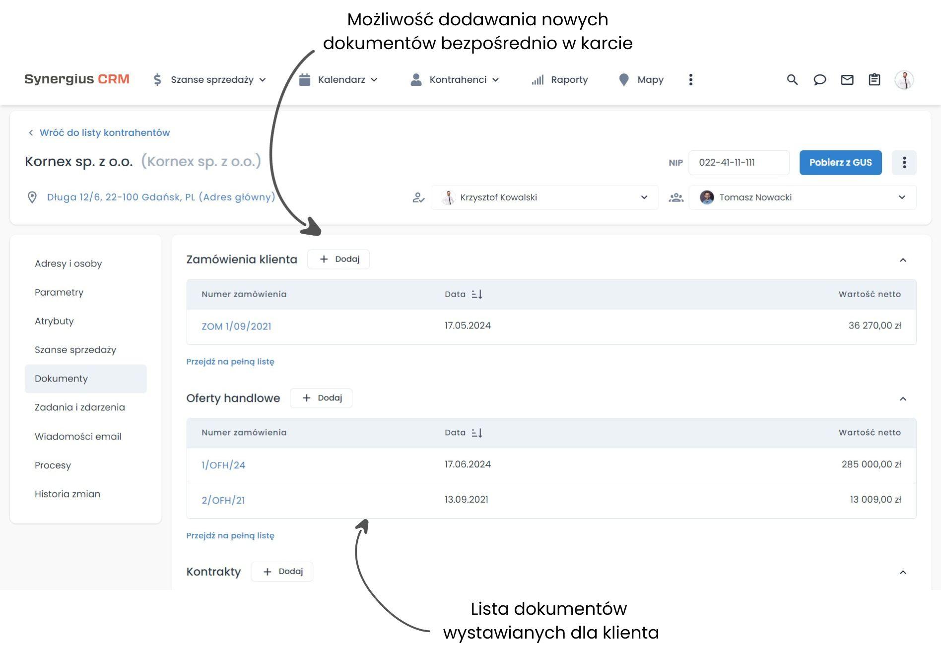 Zakładka Dokumenty wiedza o kontrahentach program CRM