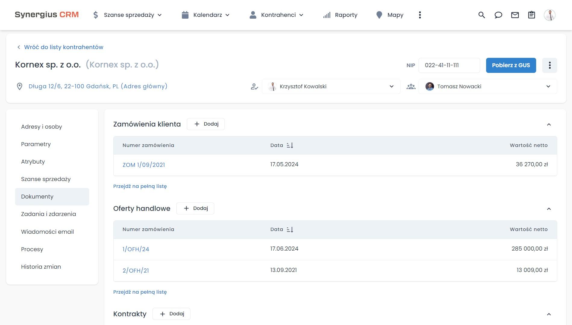 System CRM - karta kontrahenta z danymi.