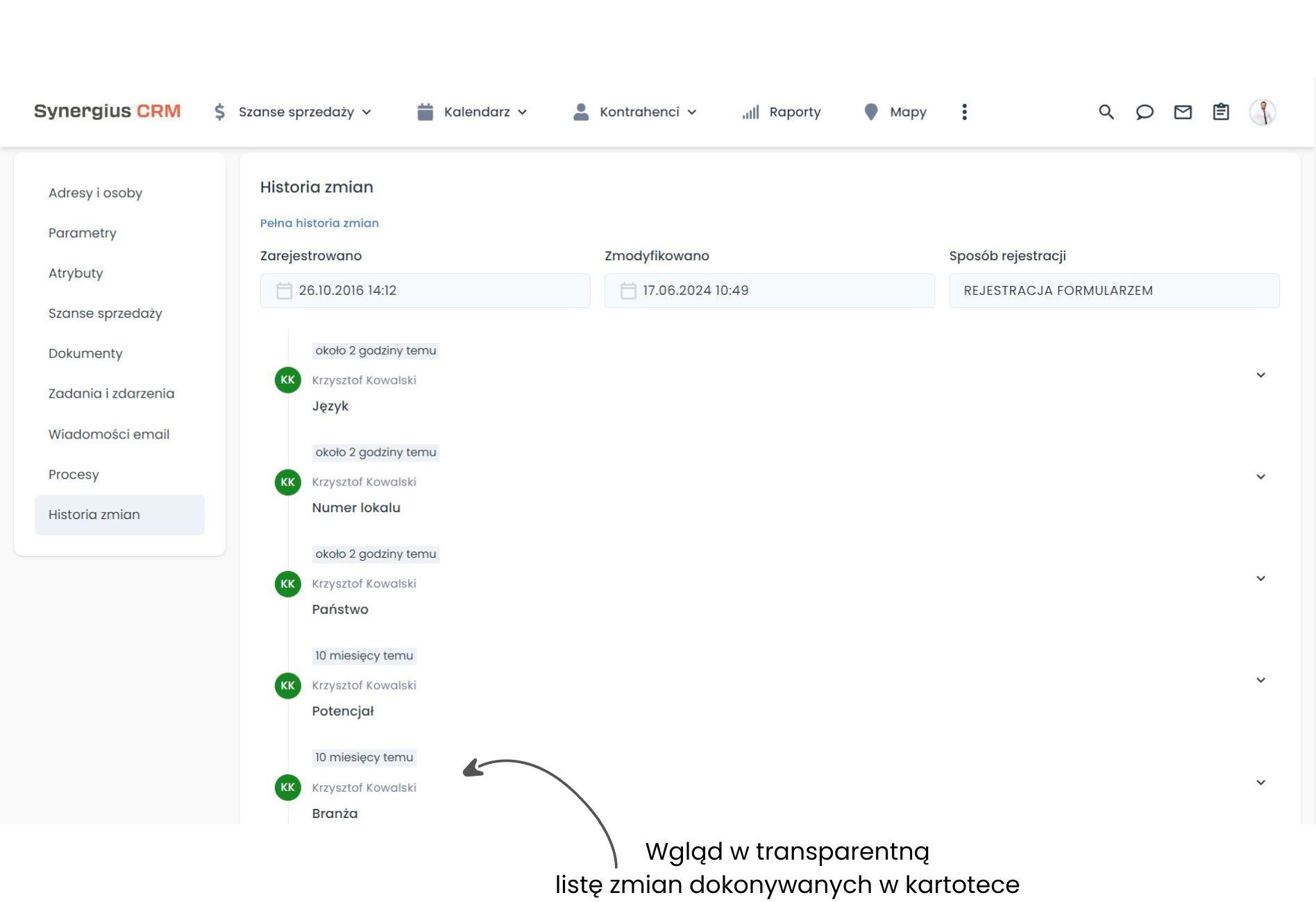 Zakładka Historia wiedza o kontrahentach program CRM