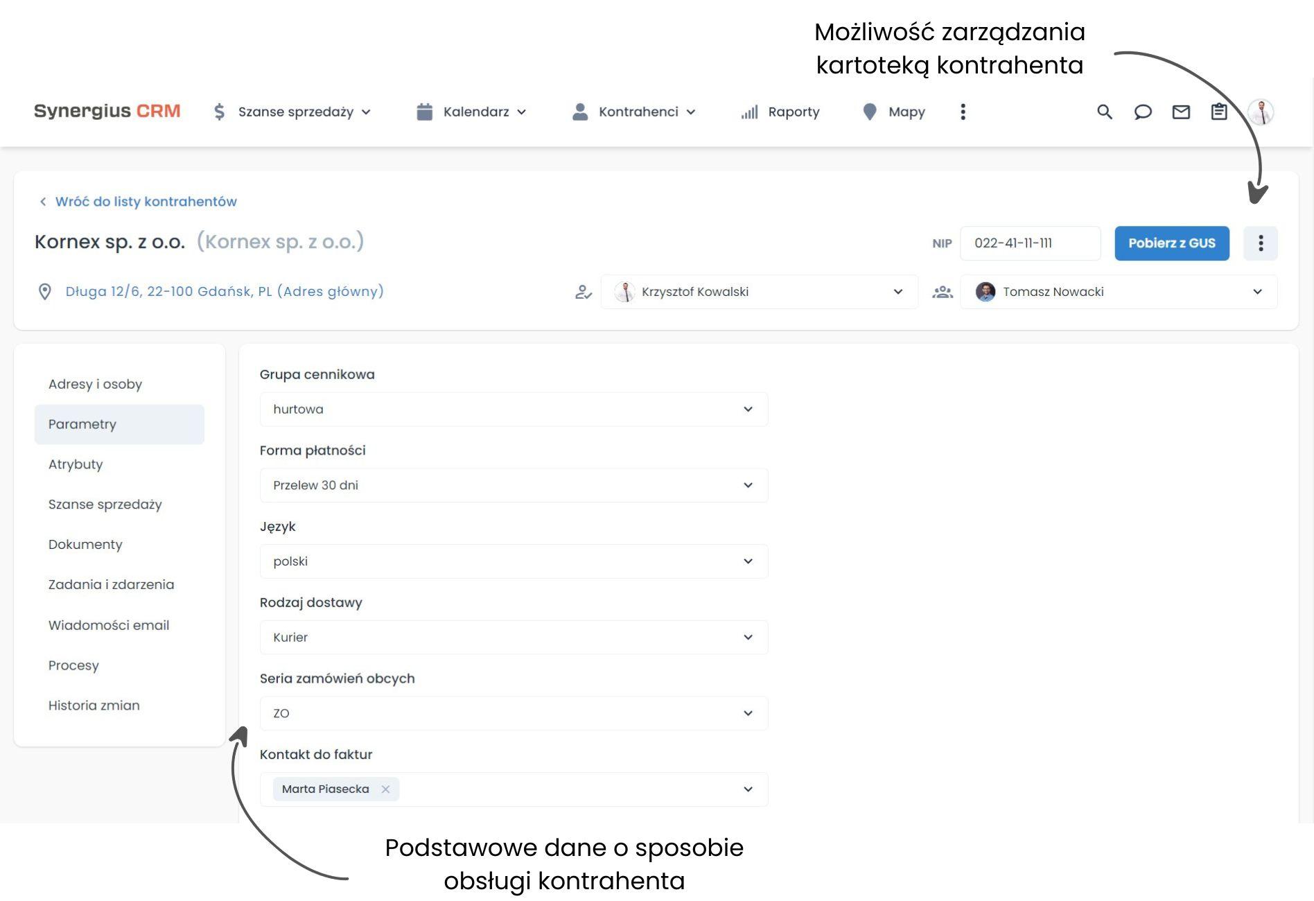 Zakładka Parametry wiedza o kontrahentach program CRM