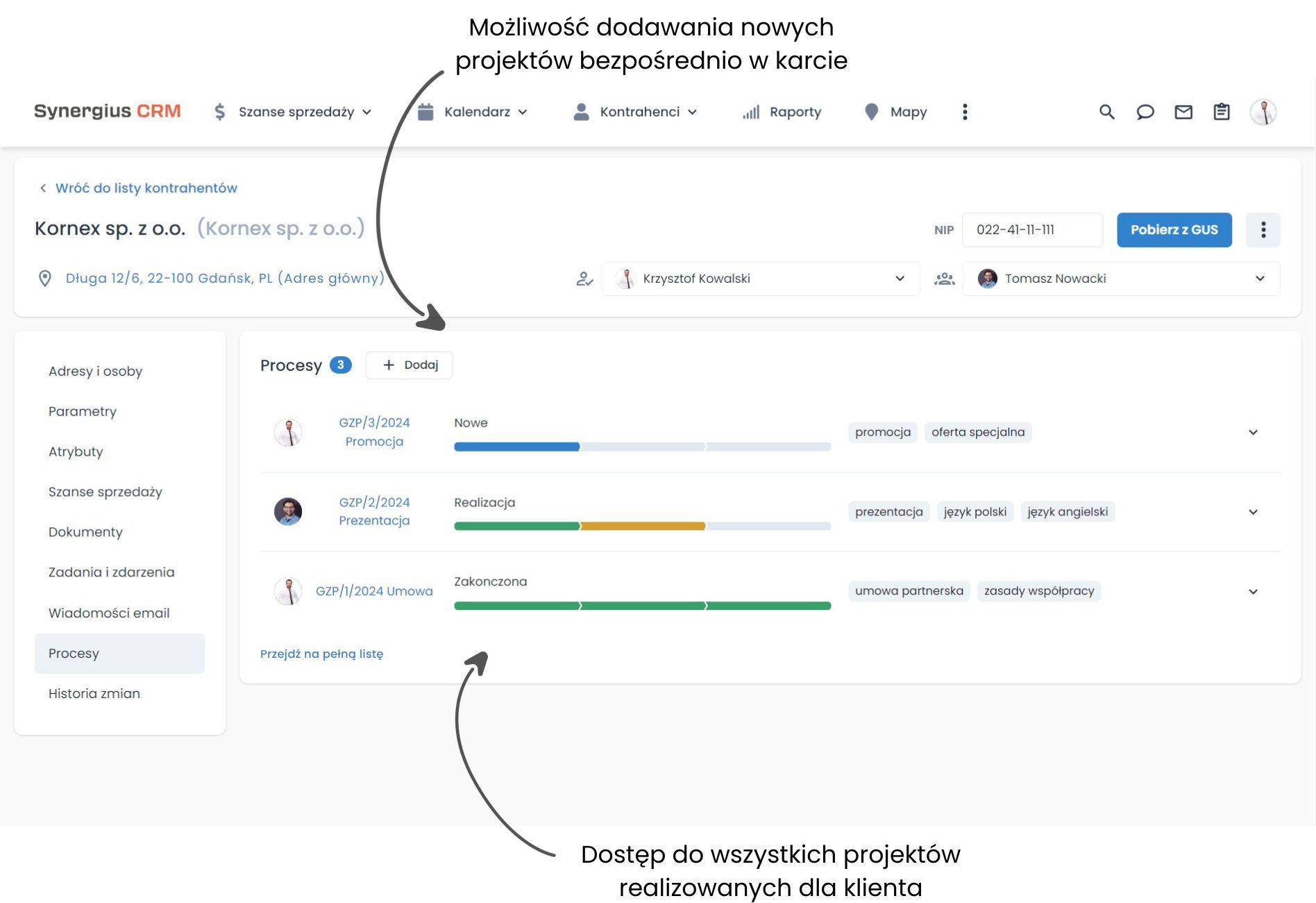 Zakładka Projekty wiedza o kontrahentach program CRM