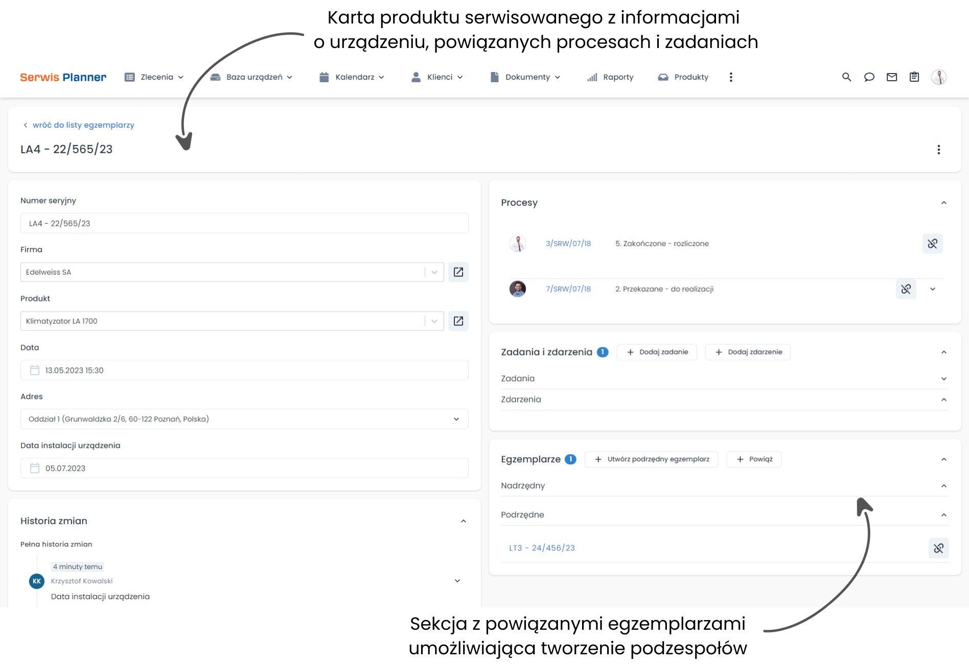 Moduł CRM połączony z serwisem - produkt serwisowany