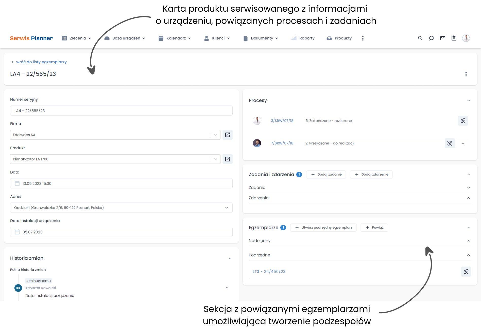 Moduł CRM połączony z serwisem - produkt serwisowany.