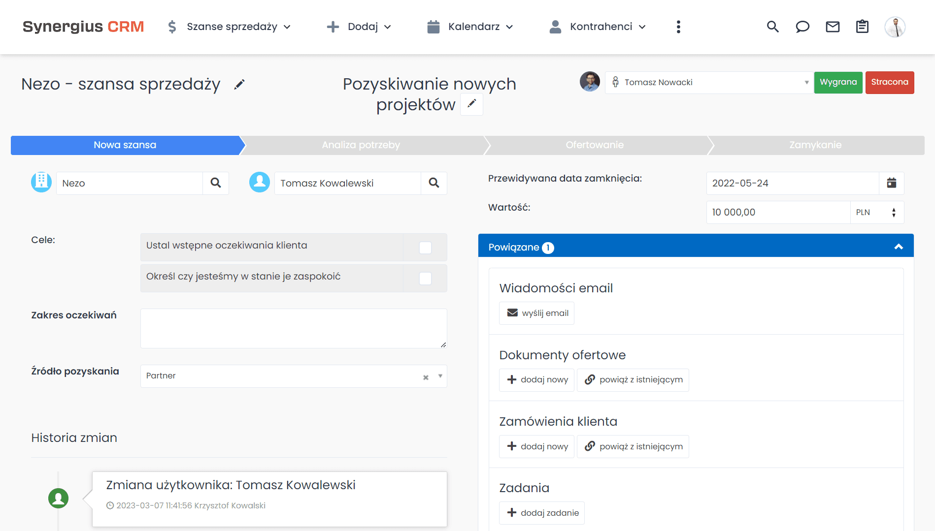 Pojedyncza szansa w CRM dla przedstawiciela handlowego