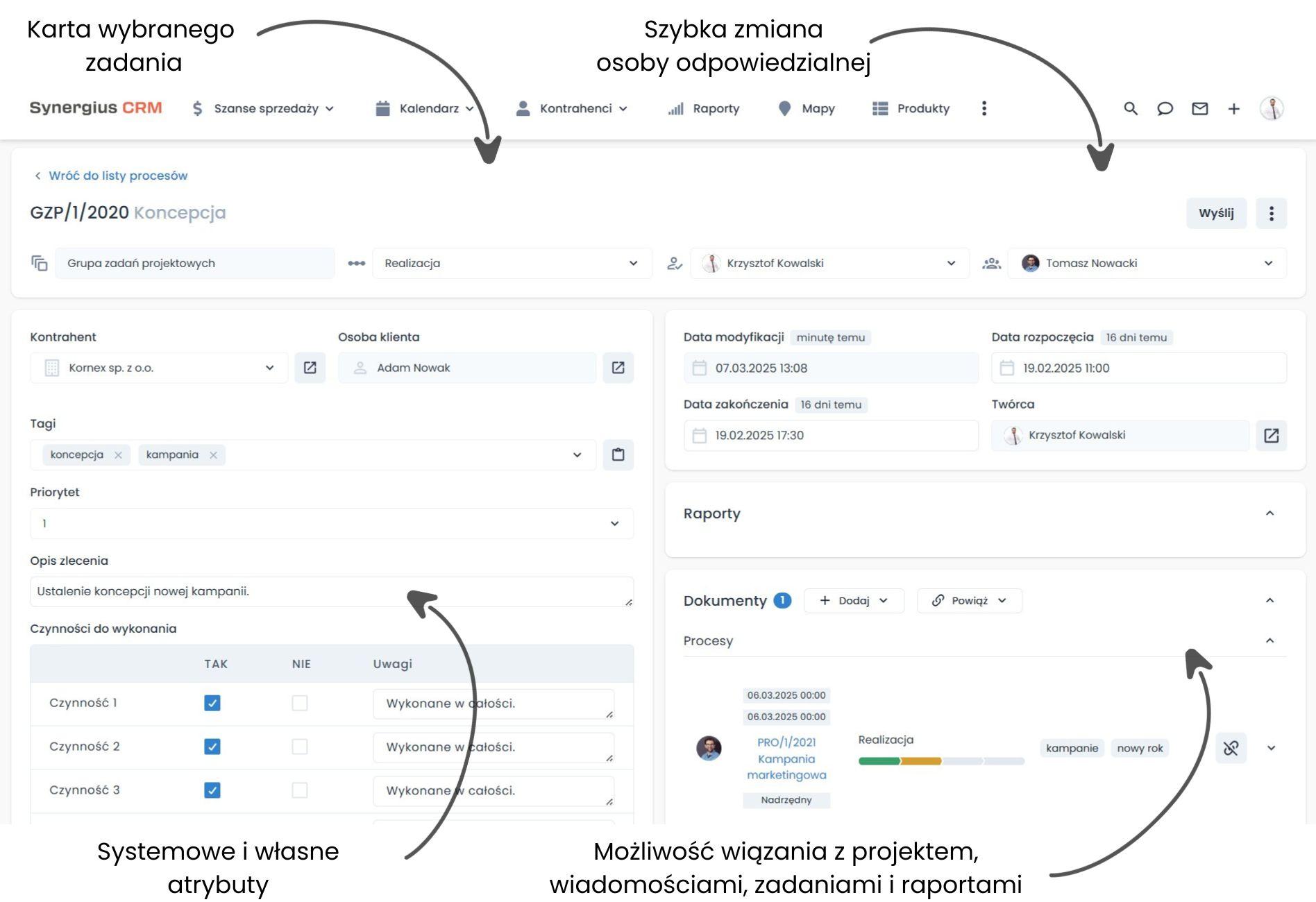 Zarządzanie projektami w systemie CRM na karcie projektu.