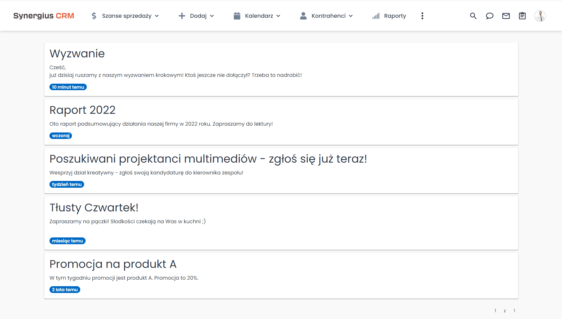 Wewnętrzny system ogłoszeń i aktualności w Synergius CRM