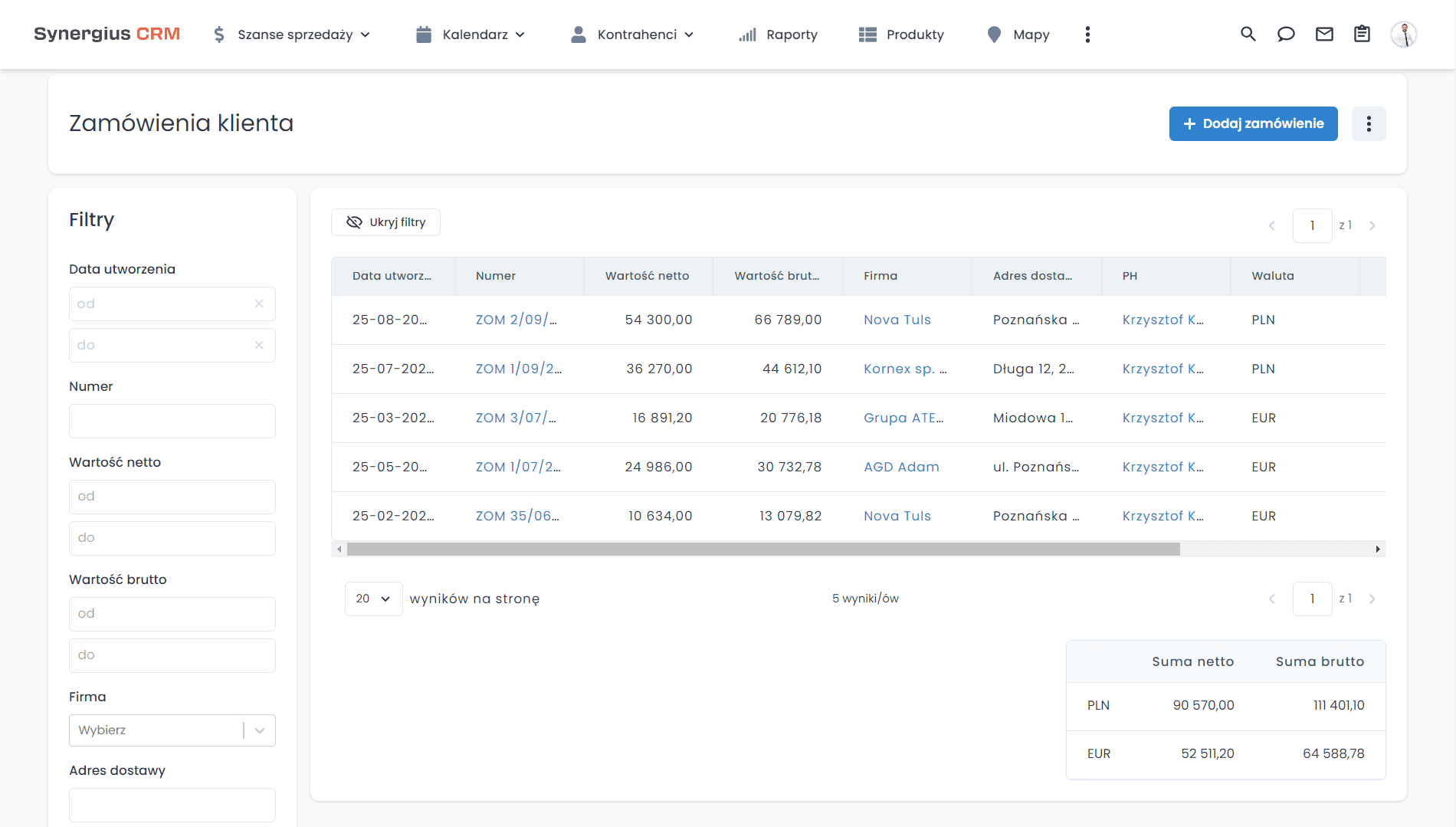 Program CRM z listą zamówień