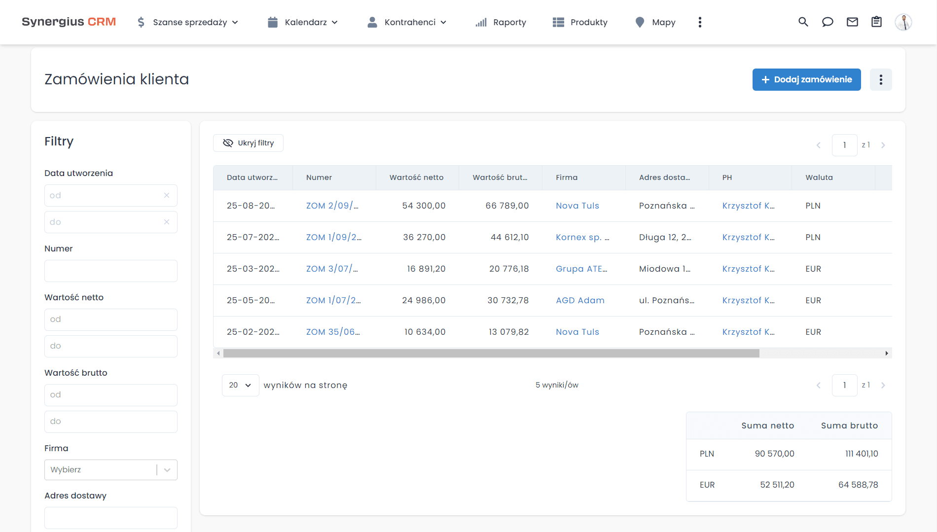 Polski CRM z listą zamówień.