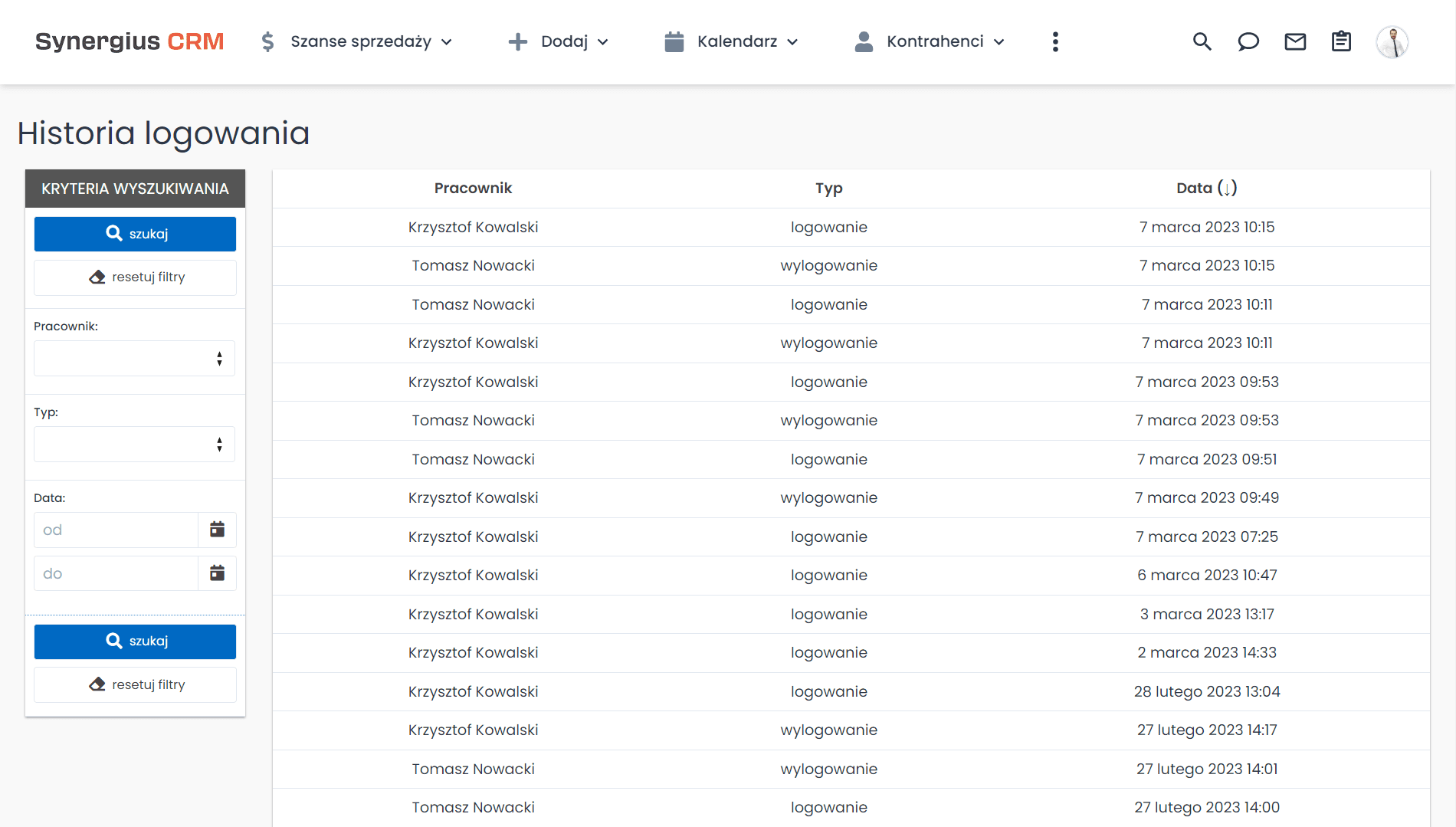 Podgląd historii logowań pracowników - zarządzanie zasobami ludzkimi w CRM