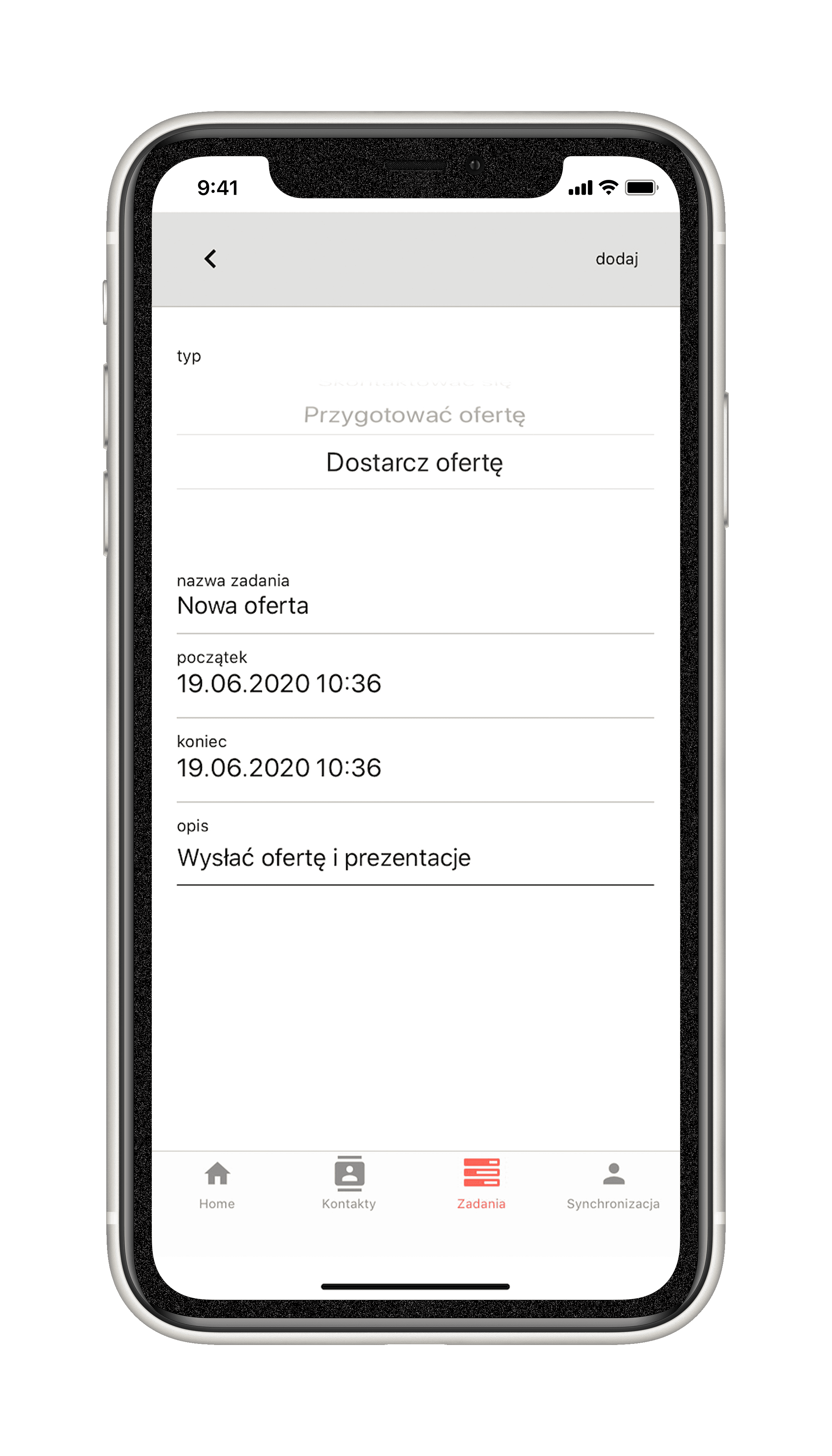 Aplikacja CRM dla handlowca na telefonie - nowe zadanie
