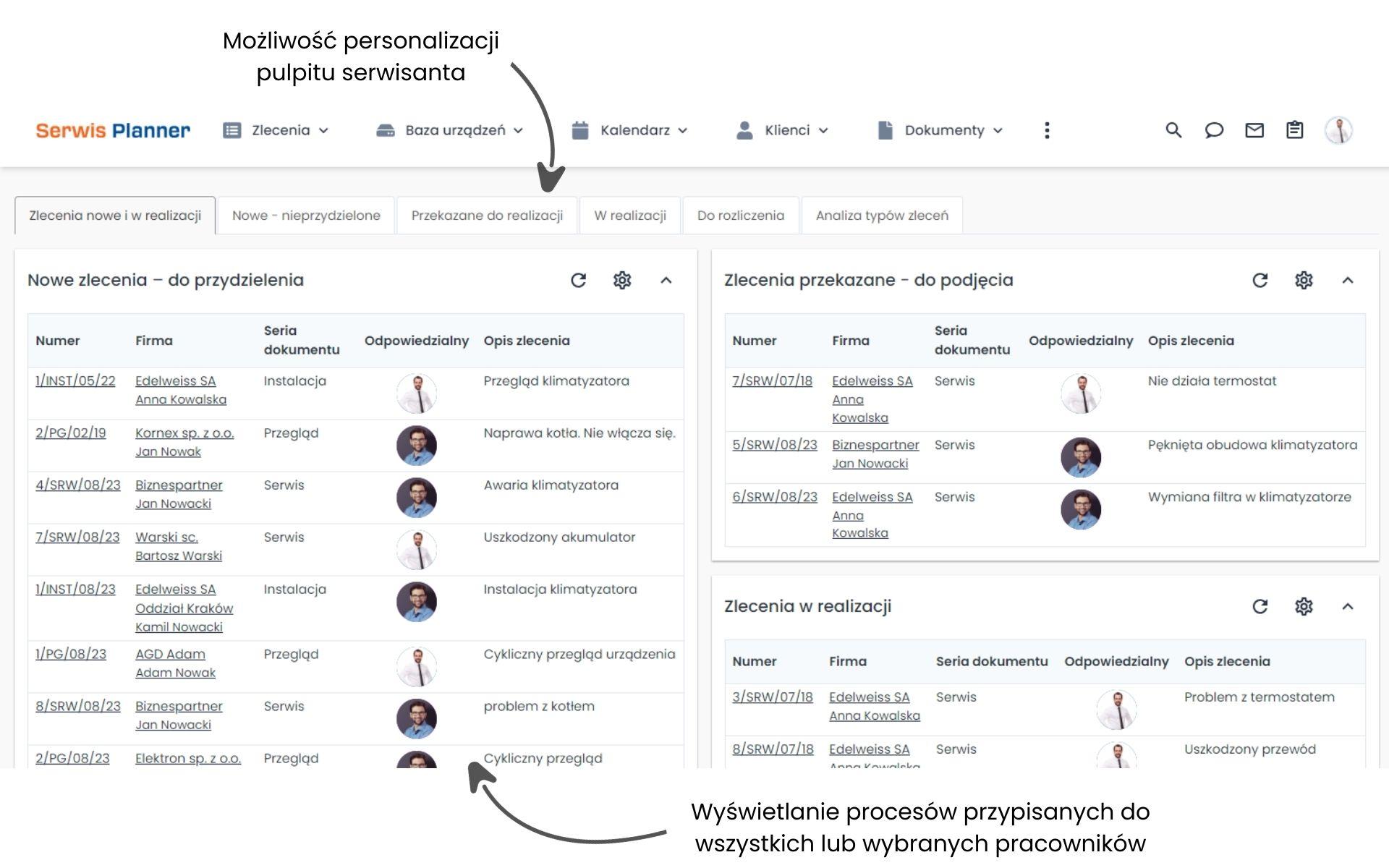 Moduł CRM połączony z serwisem - pulpit serwisanta.