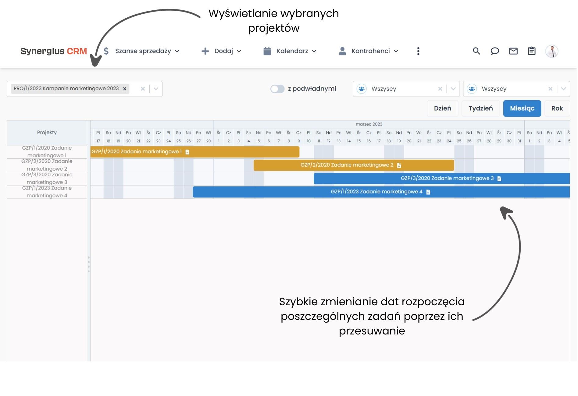 Zarządzanie projektami w systemie CRM na wykresie gantta.