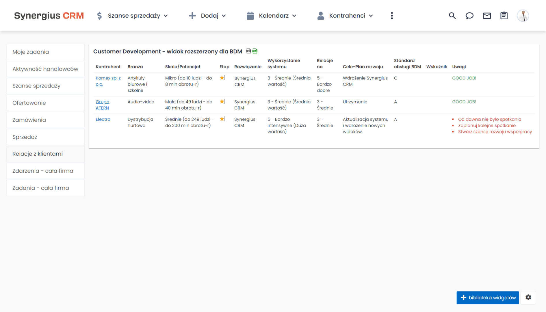 Raport BDM - utrzymanie współpracy z klientami w systemie CRM