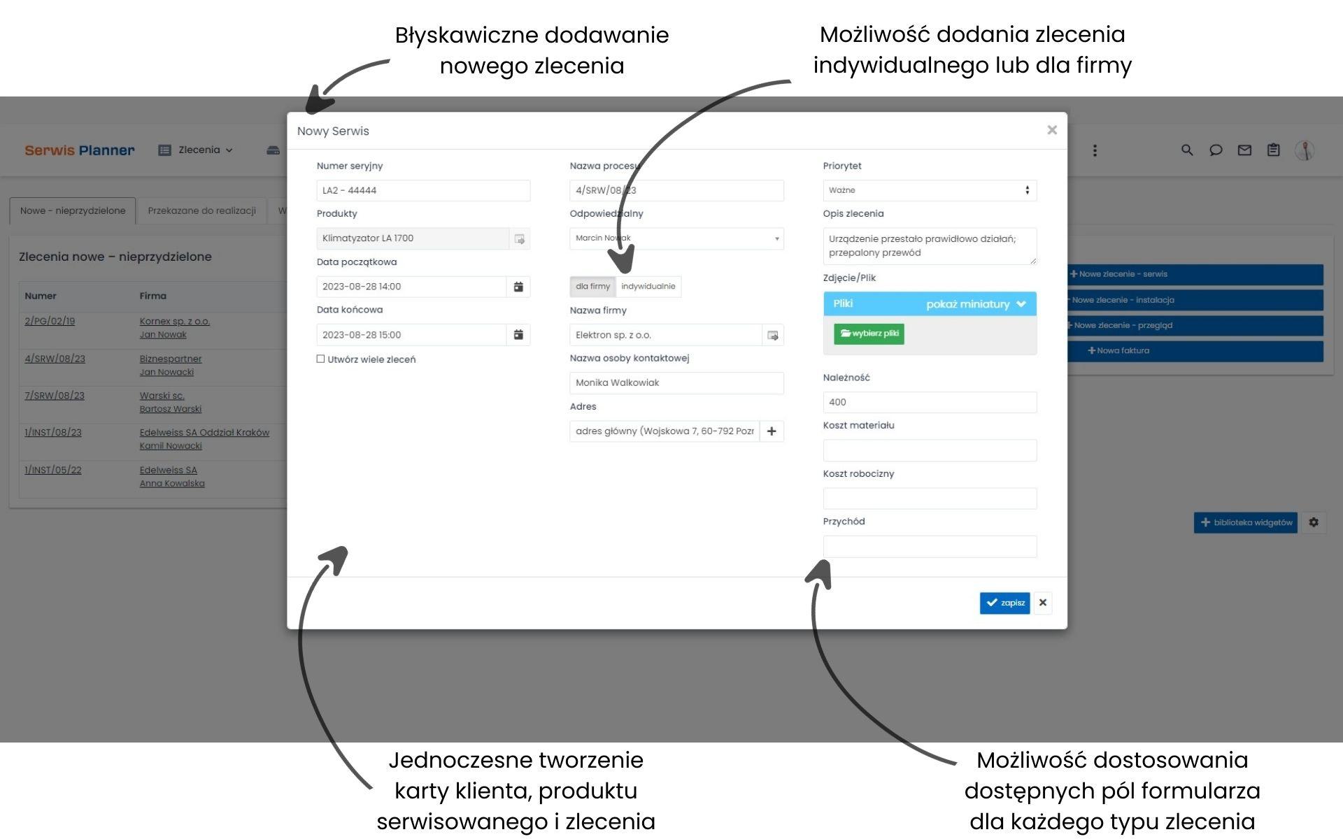 Moduł CRM połączony z serwisem - tworzenie zleceń